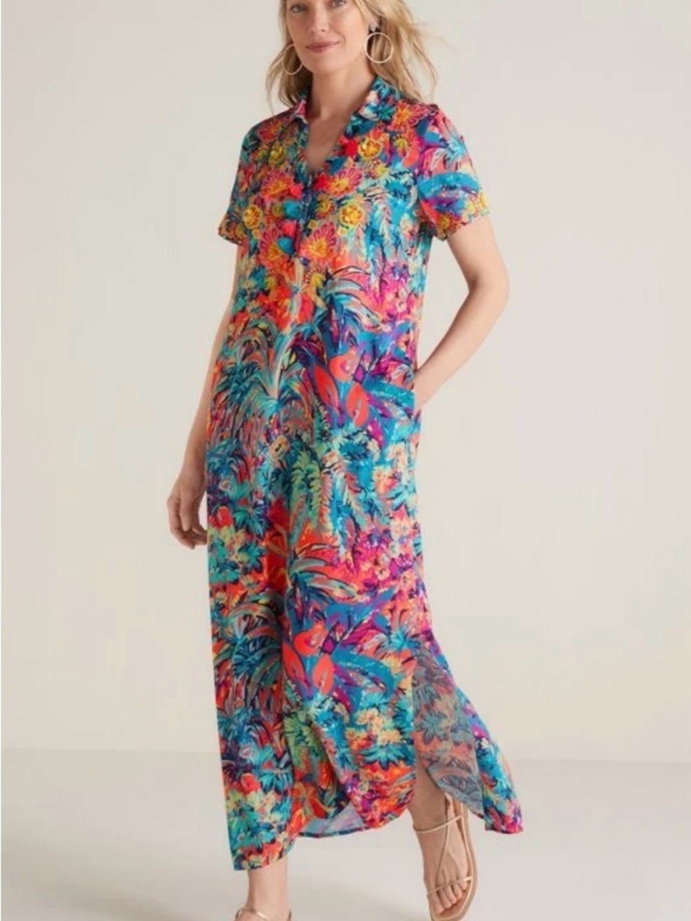 Soft Surroundings Florence Tropical Print Maxi Shirt Dress Size Medium Colorful